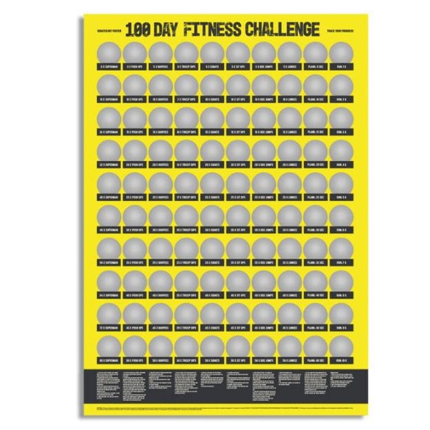 Plakat zdrapka 100 dni ćwiczeń Wyzwanie Fitness dla chcącego zacząć ćwiczyć