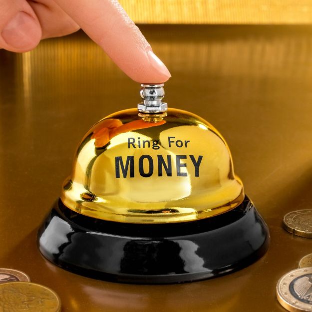 Biurkowy Dzwonek na pieniądze / kasę z napisem Ring for Money