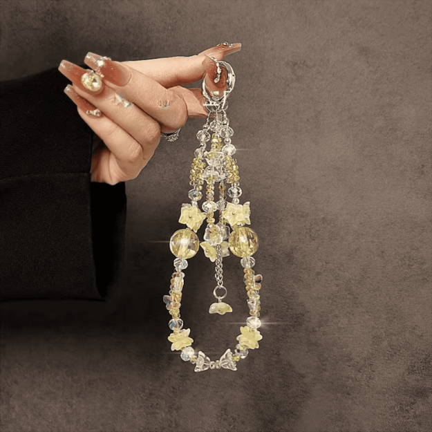 Smycz do telefonu kryształowa kwiatowa żółta 30 cm