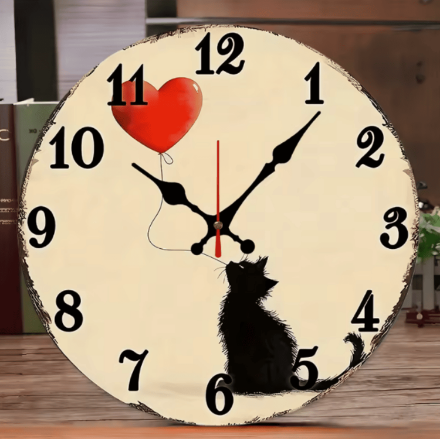 Zegar ścienny Kot z Sercem – cichy drewniany zegar  Zegar ścienny Kot z Sercem – cichy drewniany zegar 25 cm