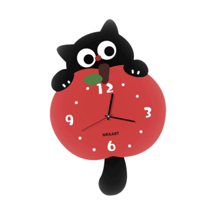 Zegar ścienny Kot z Jabłkiem – nowoczesny zegar z ogonem  Zegar ścienny Kot z Jabłkiem – nowoczesny zegar z ogonem 50 cm