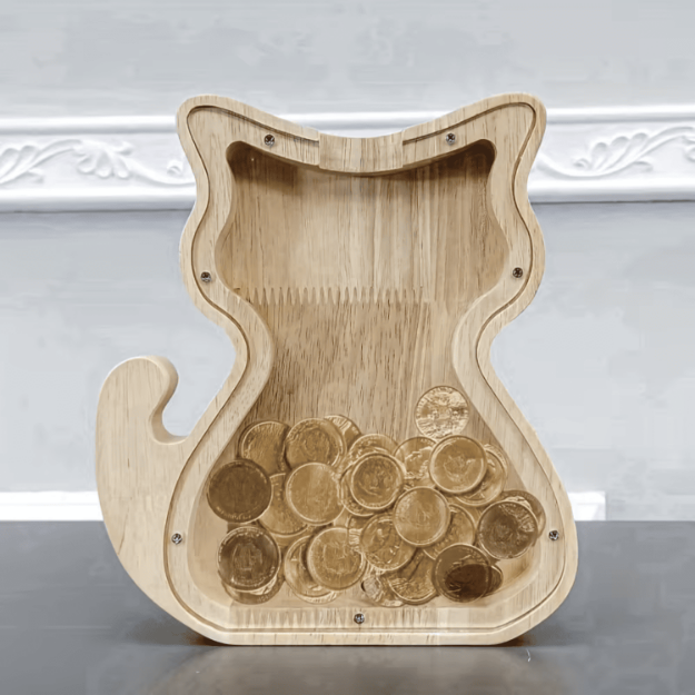 drewniana skarbonka kot z akrylową szybą