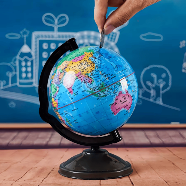 Skarbonka globus niebieska mapa świata 20 cm prezent